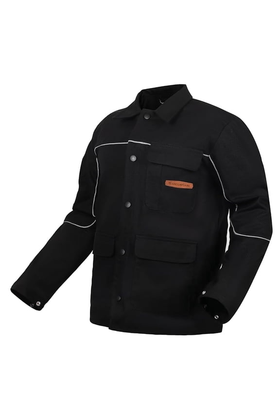 ARCCAPTAIN 11oz Flame Resistant Cotton Welding Jacket – FR Fabric with Reflective Strips, Adjustable Cuffs, Black,4 Pockets for Men & Women
