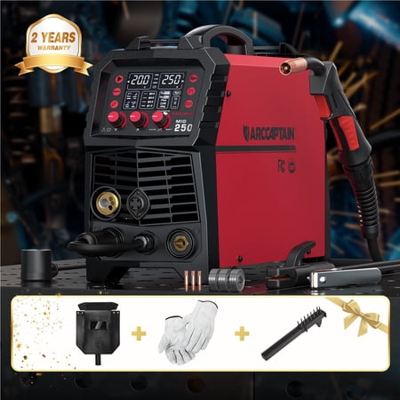 ARCCAPTAIN 250A MIG Welder, 110V 220V Gas MIG/Gasless Flux Core MIG/Stick/Lift TIG/Spool Gun/Spot 6 in 1 Welding Machine Aluminum Welding Machine Professional Welder Machine with Large LED Display