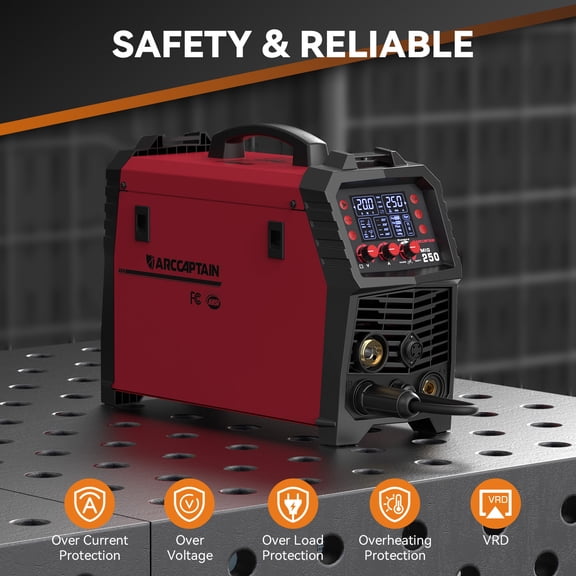 ARCCAPTAIN 250A MIG Welder, 110V/220V Multi-Process Welding Machine with Gas MIG, Flux Core, Stick, Lift TIG, Spool Gun & Spot, Professional Aluminum Welding with LED Display