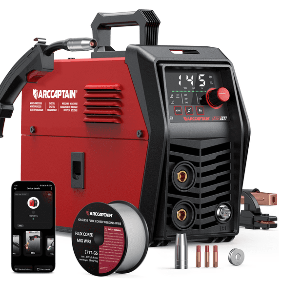 ARCCAPTAIN iControl MIG145 Pro, 145A Flux Core MIG Welder, 120V, 3-in-1 Gasless MIG/Stick/Lift TIG, Synergy, APP Control