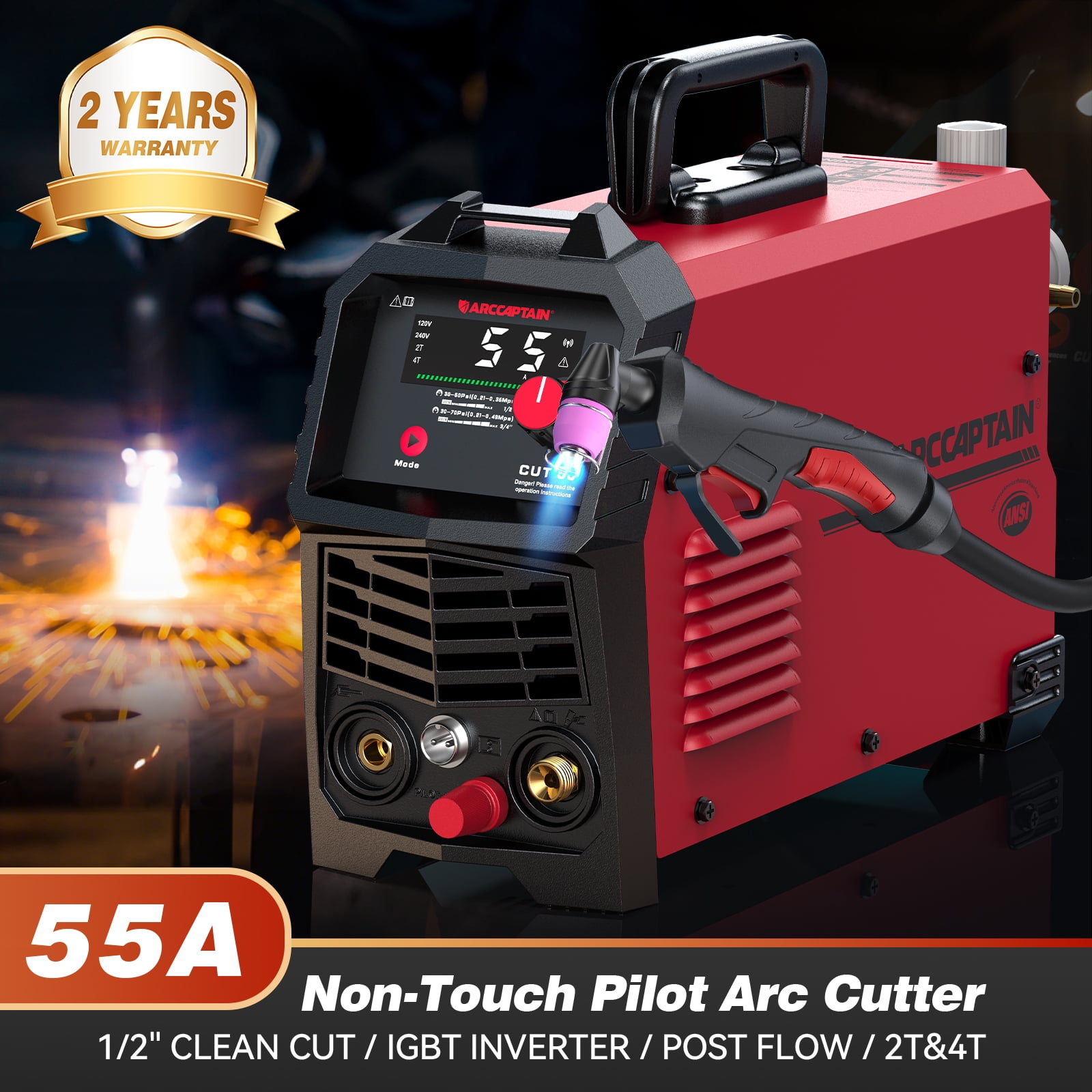 ARCCAPTAIN 55A Plasma Cutter,Non-Touch Pilot ARC Air Plasma Cutting Machine,Large LED Display,1/2" Clean Cut,Post Flow,120/240V Dual Voltage IGBT Inverter,2T/4T,and 1/4"-18 NPT, for Beginners DIY