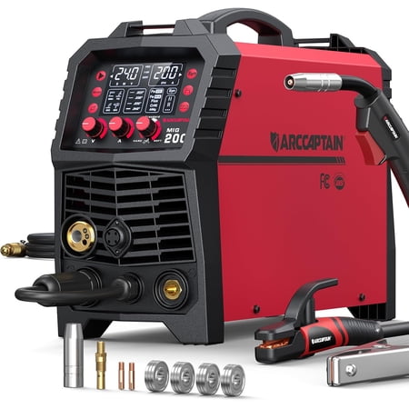 ARCCAPTAIN 200A 6-in-1 MIG Welder, Gas/Gasless/Stick/Lift TIG/Spot/Spool Gun, 110/220V , LED Display, Burn Back Adjustment
