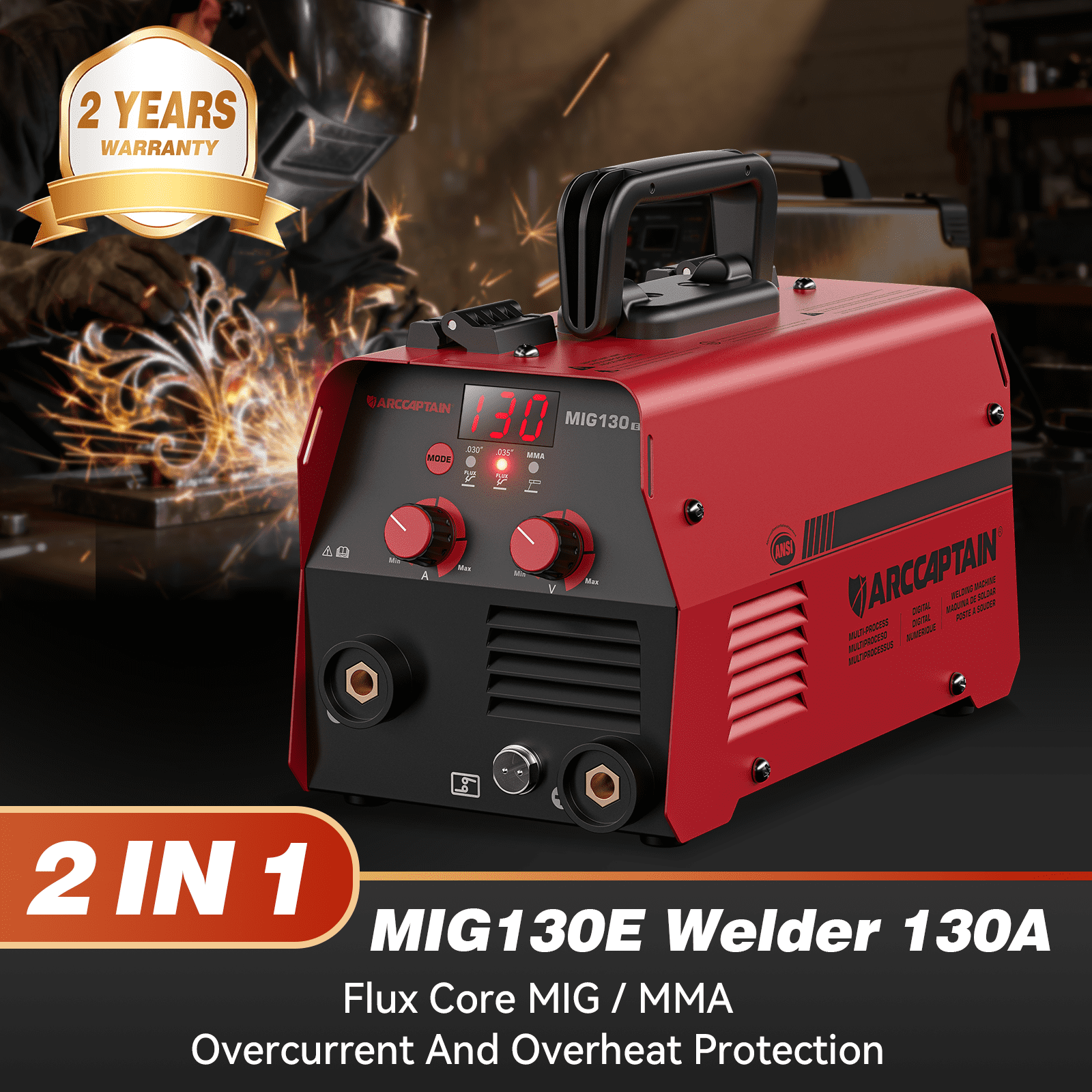 ARCCAPTAIN MIG Welder, 130A 2-in-1 Flux Core MIG & Stick Welders Machine for Beginners, 110V