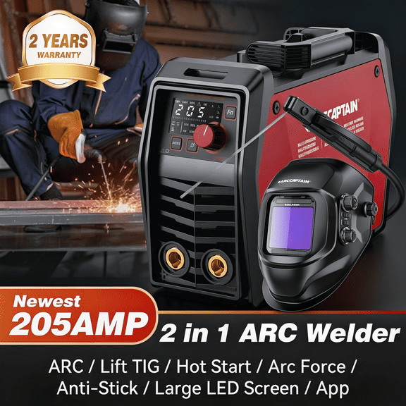 ARCCAPTAIN ARC205 Pro Welding Machine, with Lift TIG, 110V/220V, Hot Start, Arc Force, Anti-Stick, LED Display, and Large Screen Welding Helmet
