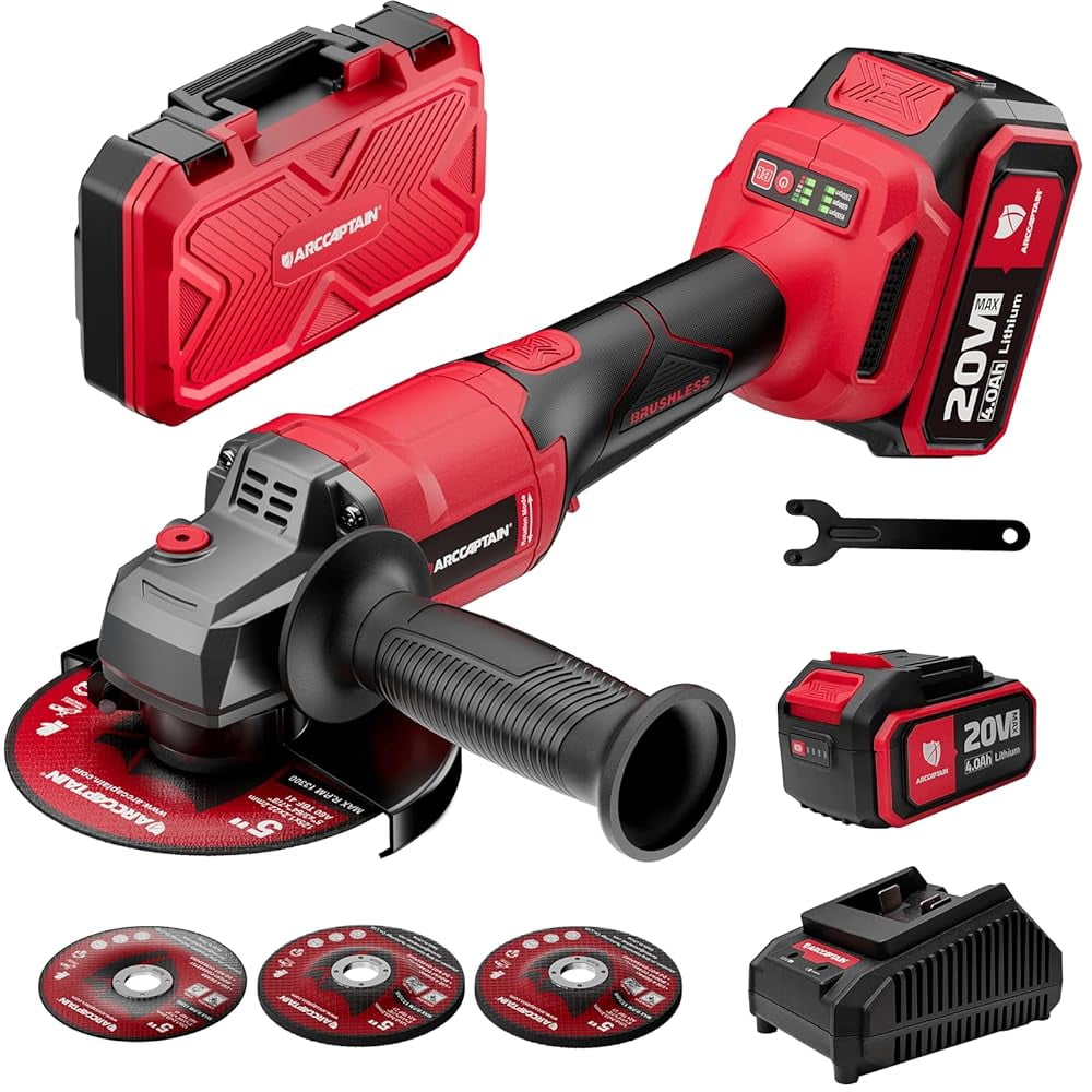 ARCCAPTAIN Angle Grinder Kit, 4-1/2" to 5", Paddle Switch, 9500RPM 1200W Brushless Motor, Cordless with 2PCS 4.0Ah Batteries, 180° Rotatable, 3-Speed, for Cutting/Grinding/Polishing