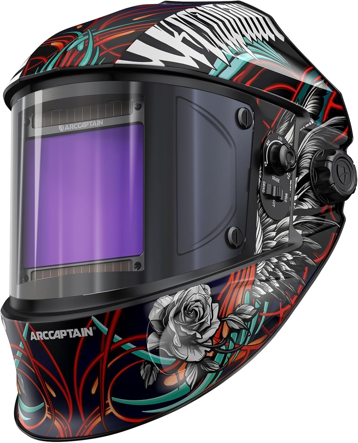 ARCCAPTAIN Auto Darkening Welding Helmet - 180° Panoramic View | 1/1/1/1 True Color Large Lens | 4 Arc Sensors & Solar Power | Shade 4-13 | For TIG, MIG, Arc, Cutting