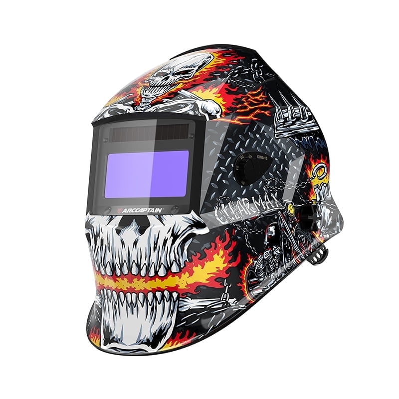 ARCCAPTAIN Auto Darkening Welding Helmet, 1/1/1/1 True Color Optical Clarity, 4 Arc Sensors 1/25000s Response, Solar Powered, Wide Shade 4/9-13, for TIG/MIG/ARC, Skeleton Knight Design