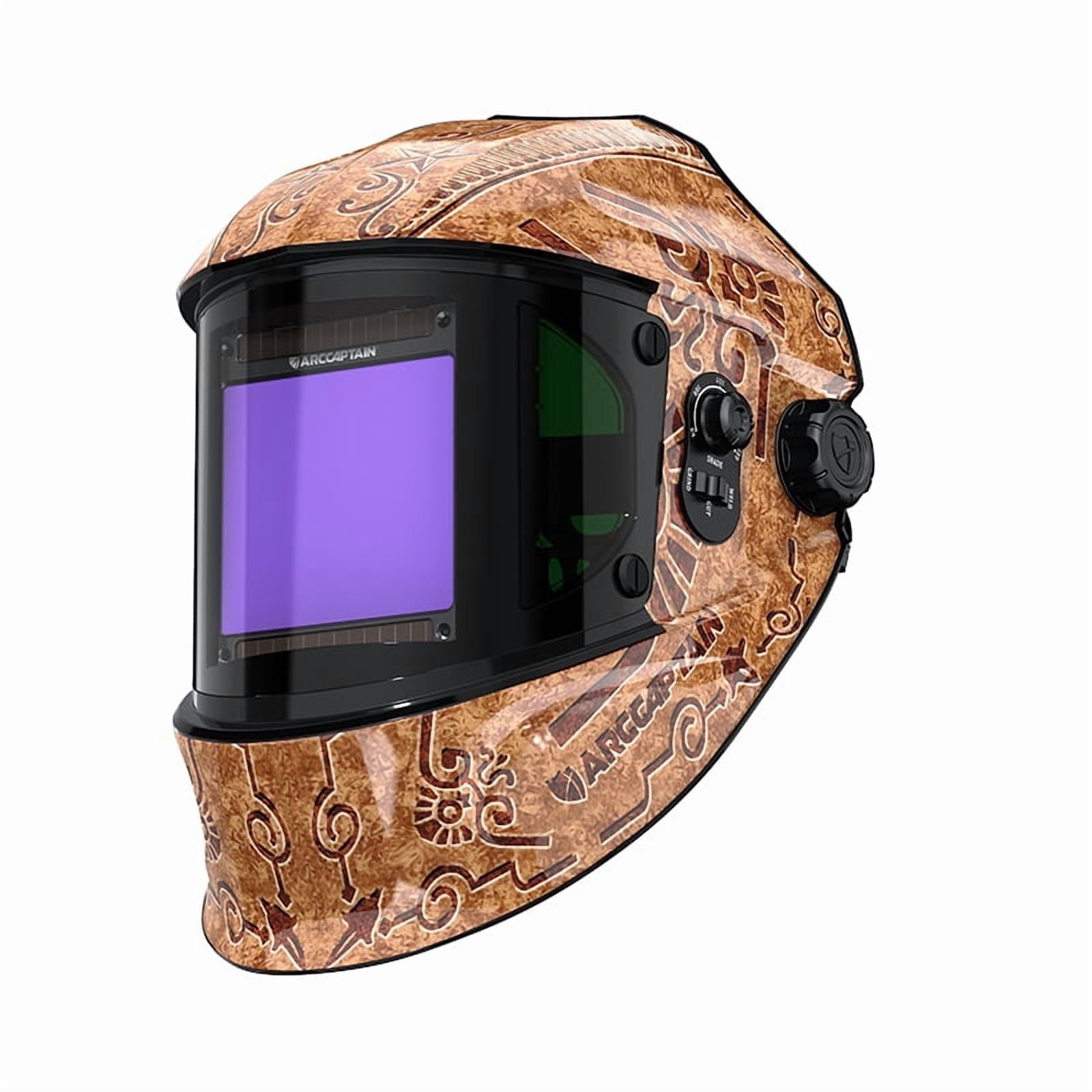 ARCCAPTAIN Auto Darkening Welding Helmet with Side View, 180° Panoramic View, 1/1/1/1 True Color Large Viewing Screen, 4 Arc Sensors Solar Powered, Wide Shade 4/5-9/9-13, Woodcarving Design