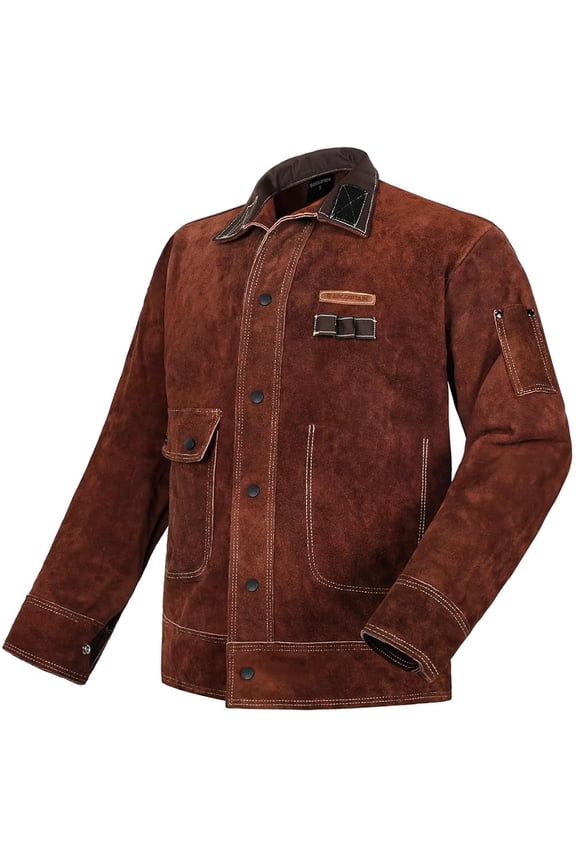 Leather Welding Jacket, Heavy Duty Flame Resistant Split Cowhide Leather for Men Women, Welding Jacket with Reinforced Kevlar Stitching, Multiple Pockets