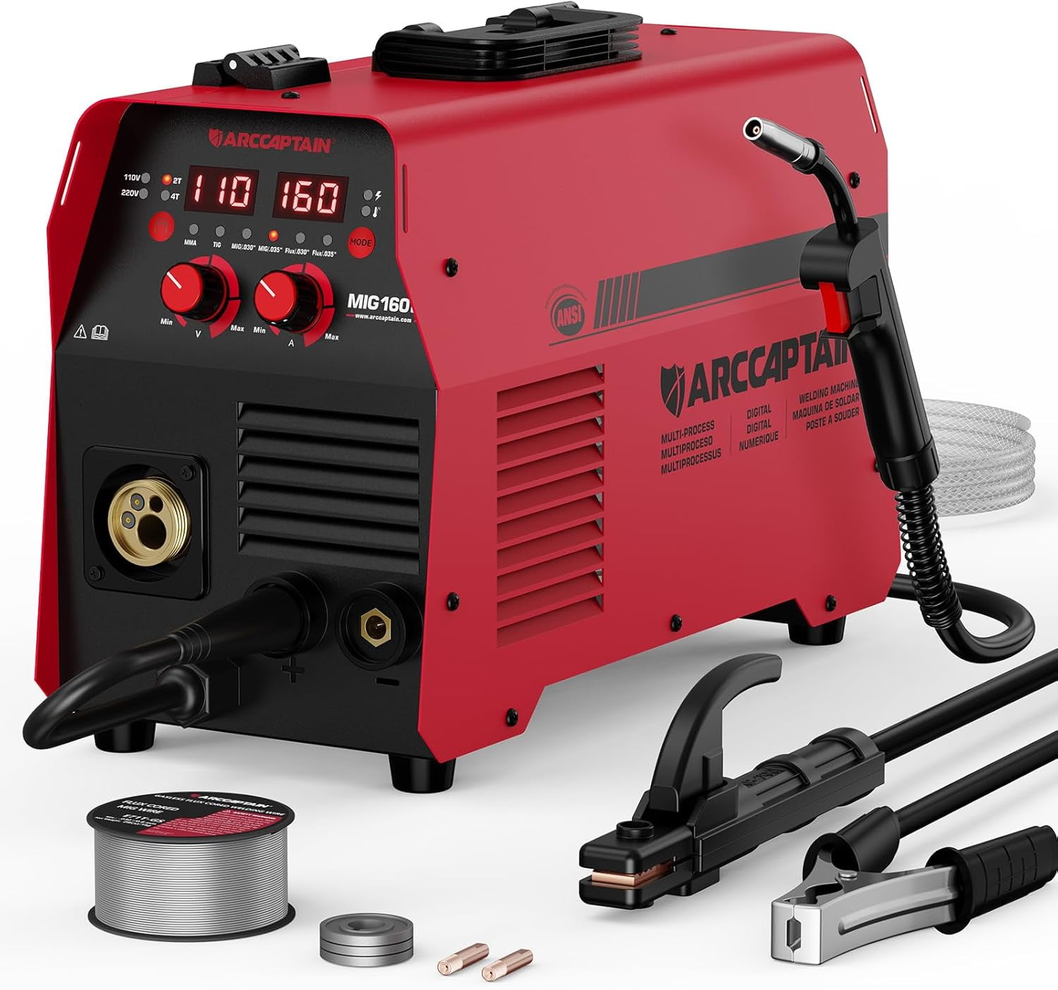 ARCCAPTAIN 4-in-1MIG Welder, 160A Welder Machine 110V 220V, Flux Core MIG/Gas MIG/Lift TIG /Stick Welding Machine with Synergy, Multiprocess Gas MIG Welder Equipment
