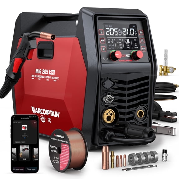 ARCCAPTAIN MIG Welder, 205A 6 in 1 Professional Welder Machine Gas MIG/Gasless Flux MIG/MMA Stick/Lift TIG/Spot Welding/Spool Gun Aluminum Welding Machine, APP Control