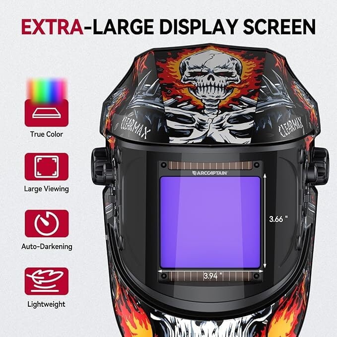 ARCCAPTAIN Panoramic Auto Darkening Welding Helmet with 180° Side View, 4 Arc Sensors, 1/1/1/1 True Color, Wide Shade 4/5-9/9-15, Solar Powered for TIG MIG ARC & Cutting