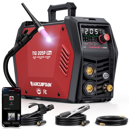 ARCCAPTAIN TIG Welder Machine,205 Amp Smart Welder with App, 5-in-1 DC TIG/Stick Machine with Pulse, Dual Voltage, Large LED Display