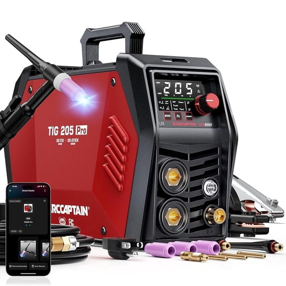 ARCCAPTAIN TIG Welder Machine,205 Amp Smart Welder with App, 5-in-1 DC TIG/Stick Machine with Pulse, Dual Voltage, Large LED Display