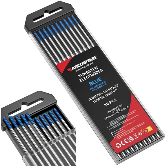 ARCCAPTAIN 10-Pack 2% Lanthanated TIG Tungsten Electrodes, 3/32" x 7" Blue WL20 EWLa-2, All-Process AC/DC Welding Rods, Eco-Friendly WT20 Alternative