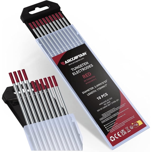 ARCCAPTAIN TIG Welding Tungsten Electrode 10-Pack 3/32"x 7"(Red - 2% Thoriated, WT20/EWth-2)