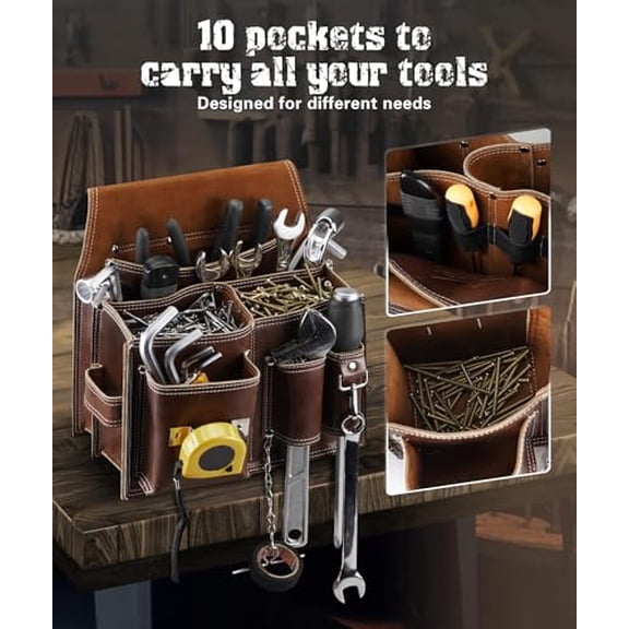 ARCFOX Leather Tool Pouch Bag with Belt, 10 Pockets Vintage Leather Electrician Tool Pouch Belt with Tape Chain, Tape Holder, Utility Multi-Pocket Organizer for Men, Carpenter, Con