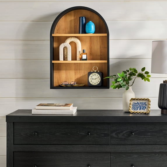 Better Homes & Gardens 20-Inch Arch Floating Shelf in Black Wood and Light Honey Finish