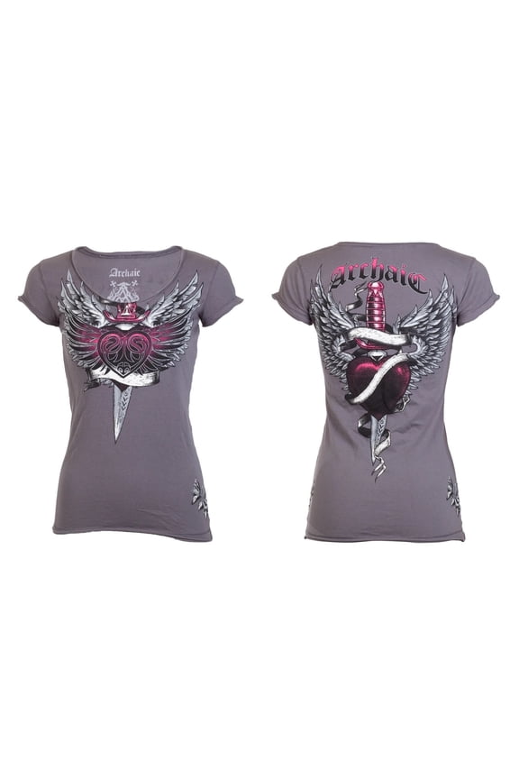 Womens Short Sleeve TORN HEART V-neck T-Shirt (Charcoal)