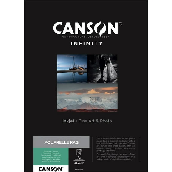 Canson Infinity ARCHES Aquarelle Rag Textured Pure White Matte Inkjet Paper, 310gsm, 11x17", 25 Sheets