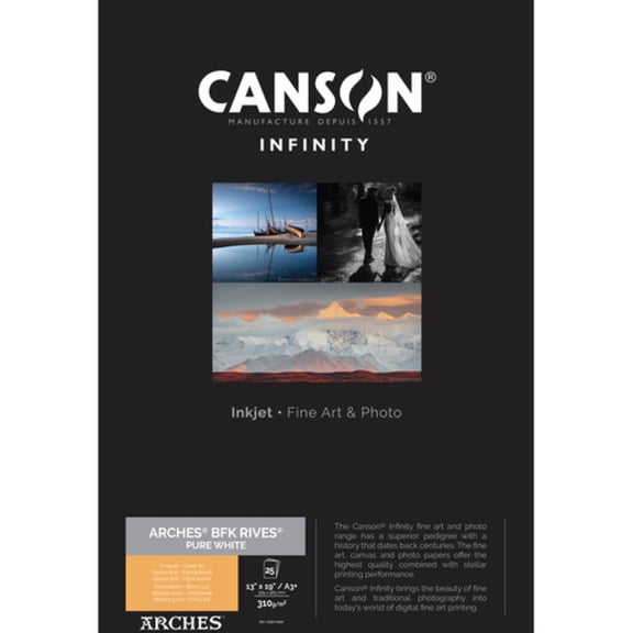 Canson Infinity Arches BFK Rives Inkjet Fine Art and Photo Paper - 13" x 19", A3+, Pure White, 310 gsm, Package of 25