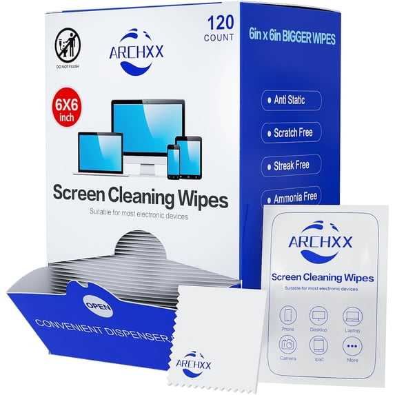 ARCHXX Screen Wipes for Electronics, 120 Count 6"x6" Pre-Moistened Screen Cleaner for Screens, Computer,Laptop,Tablet,Phone,Monitor,Car Screen Cleaner, Lens Wipes Individually Wrapped