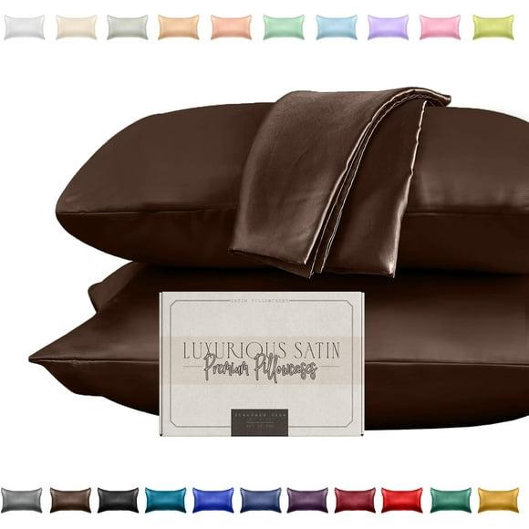 ARCOCO-Silky and Luxurious 2-Piece Satin Pillowcase Set for Healthier Skin and Hair, Hidden Zipper Closure and Beautifully Packaged, Satin Pillowcase Set, King, Chocolate Brown