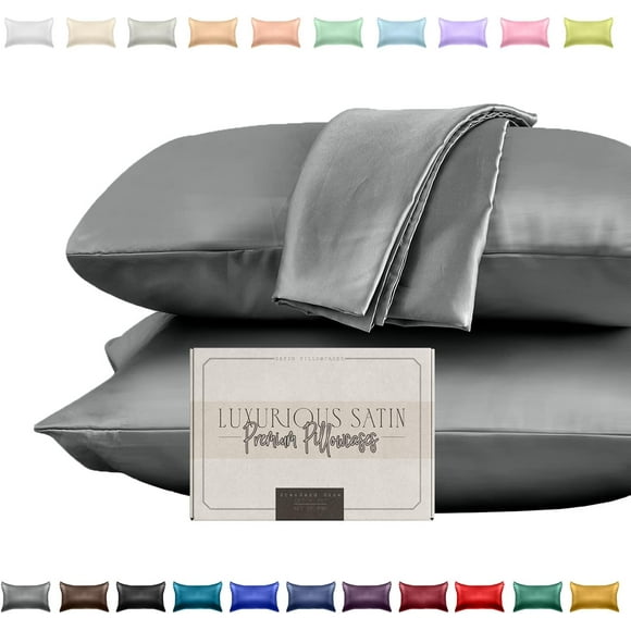 ARCOCO-Silky and Luxurious 2-Piece Satin Pillowcase Set for Healthier Skin and Hair, Hidden Zipper Closure and Beautifully Packaged, Satin Pillowcase Set, Standard/Queen, Gray