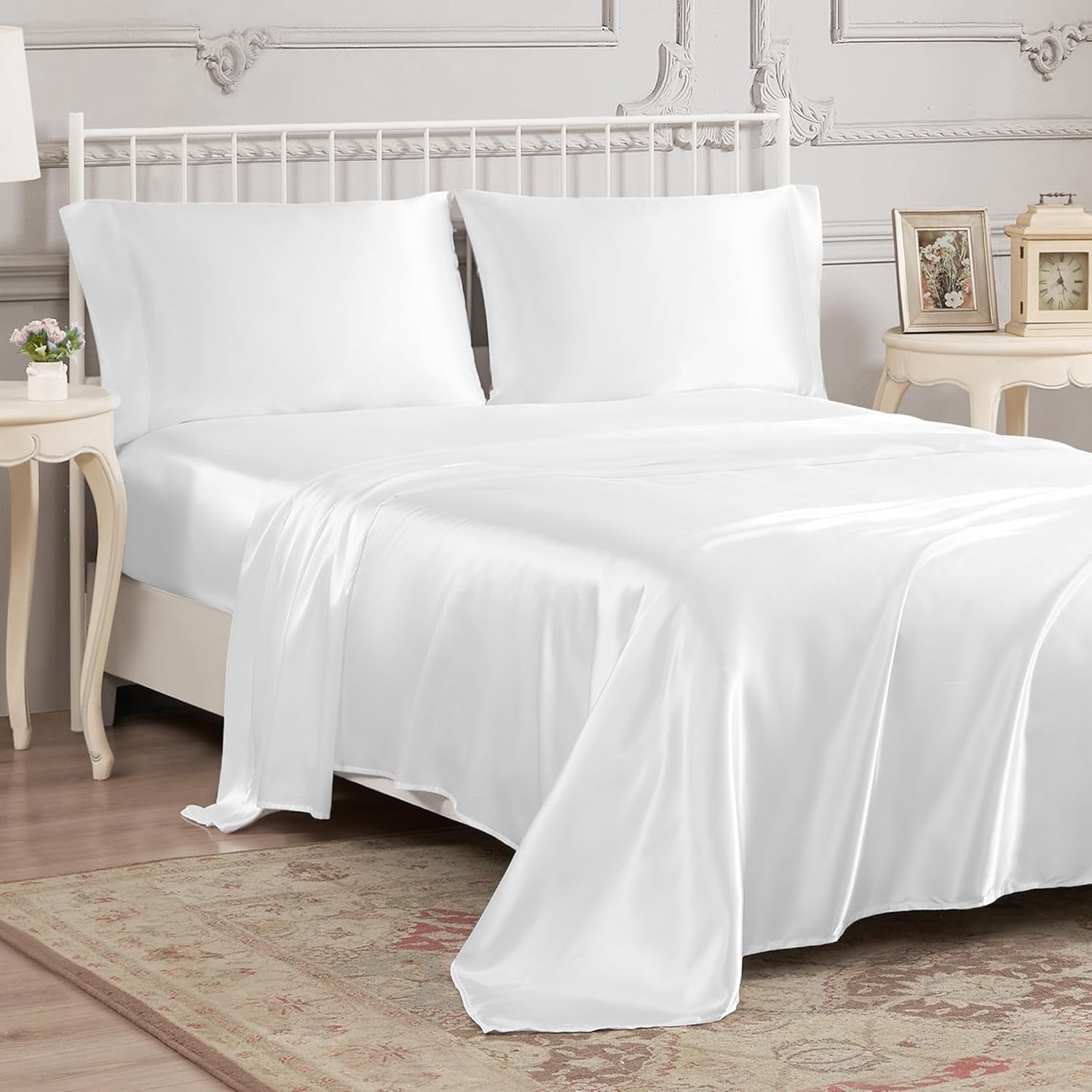 ARCOCO-Silky Satin Sheet Set - Luxury White Bedding - Smooth Satin ...