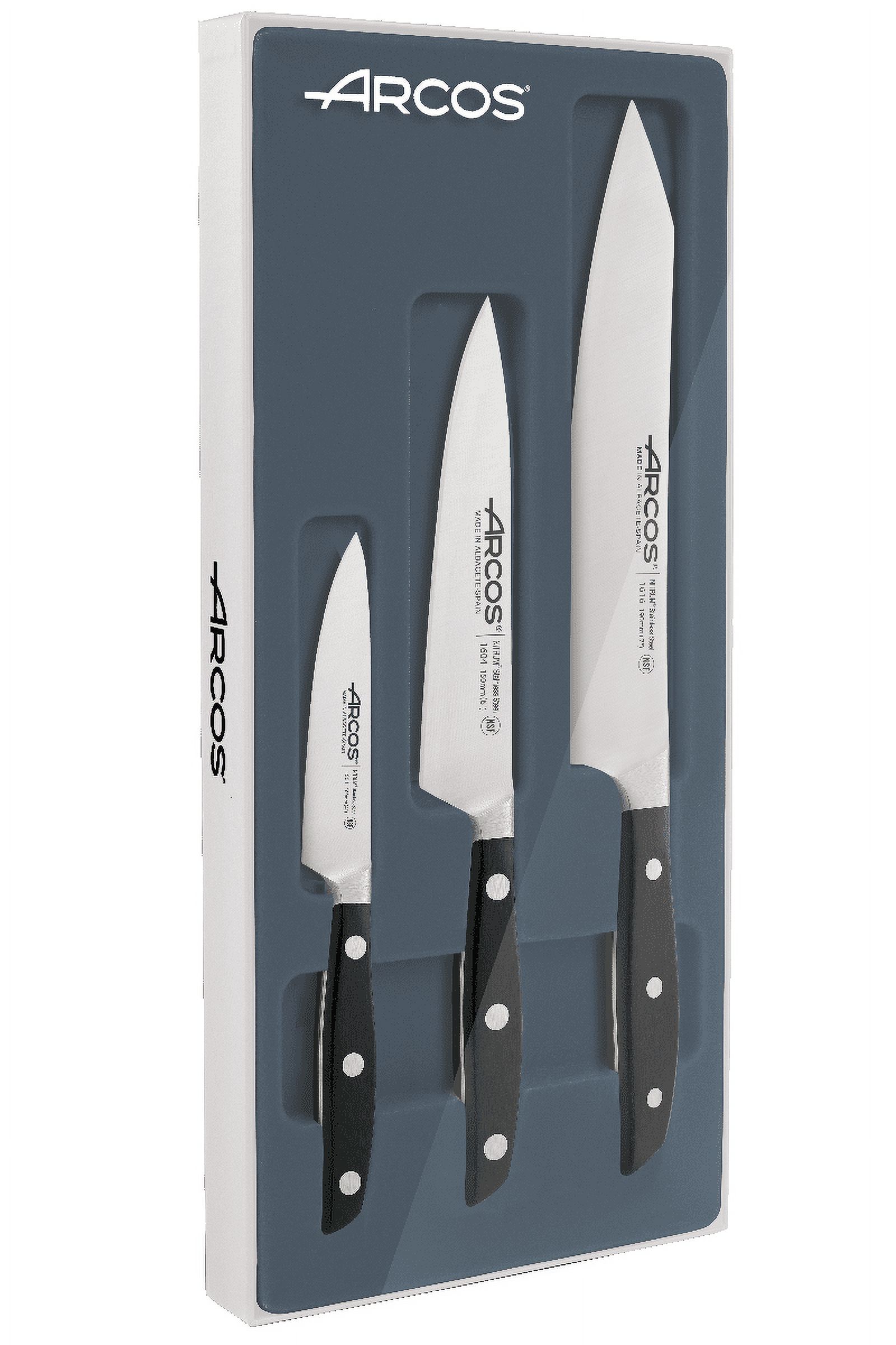 ARCOS 3 Pieces Starter Kitchen Knife Set. Peeler, Chef and Santoku
