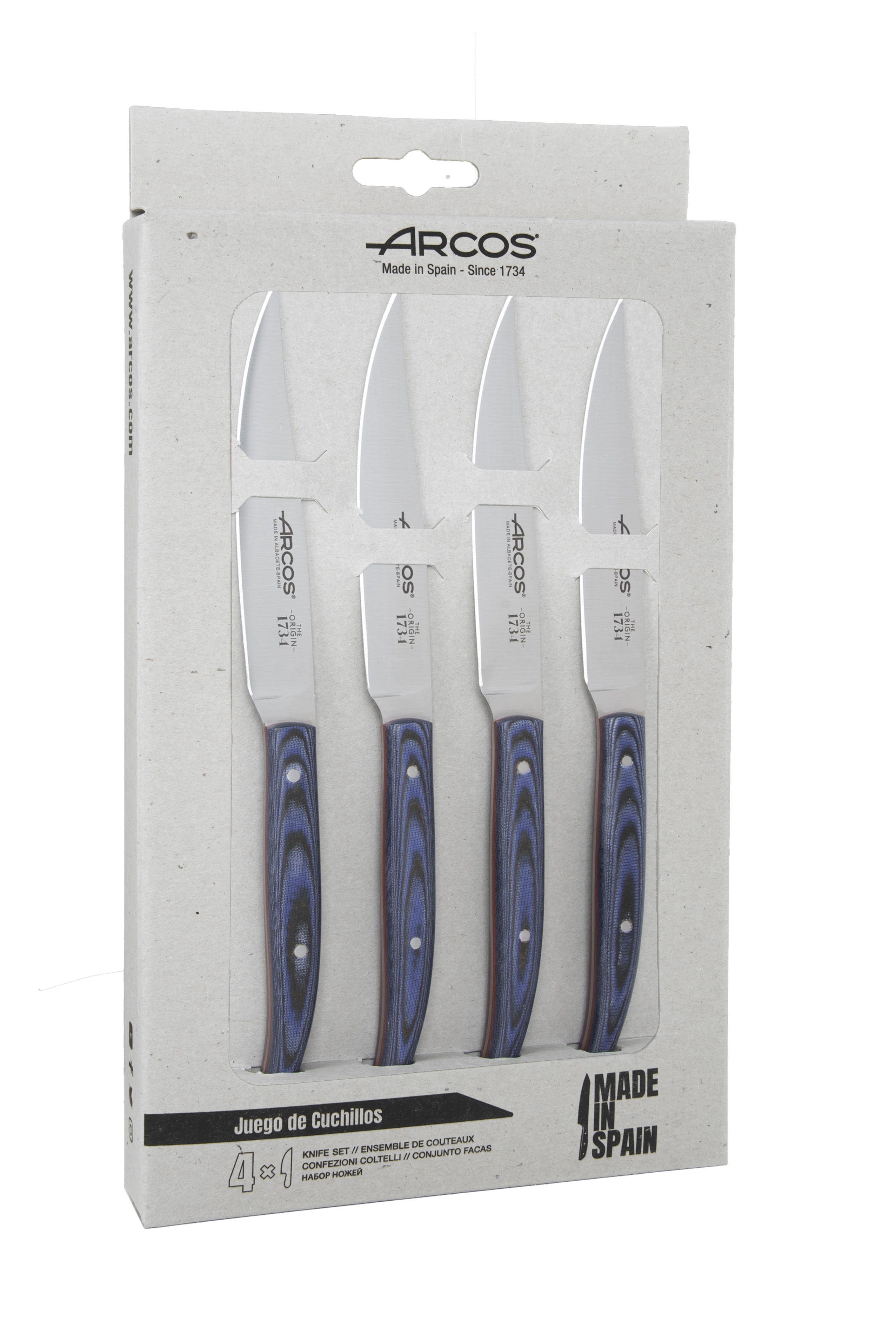 Arcos 4pc The Origin Steak Set Blue: Stainless Steel Blades, Wood Handles, Hand Wash, 10-Year Warranty