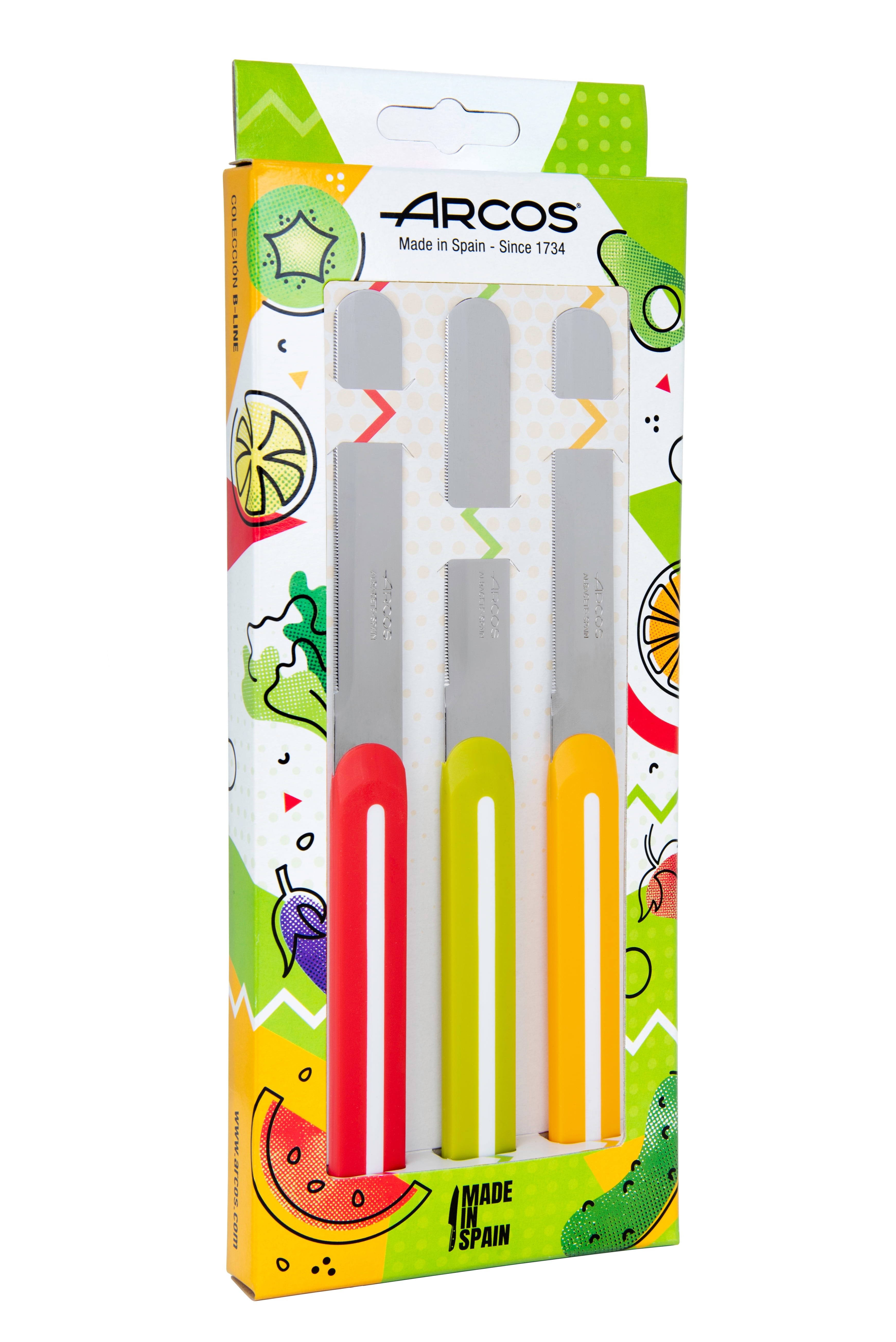 ARCOS Paring Knife Set of 3 Pieces 4 Inch Stainless Steel. Colorful Kitchen Knives for Peeling