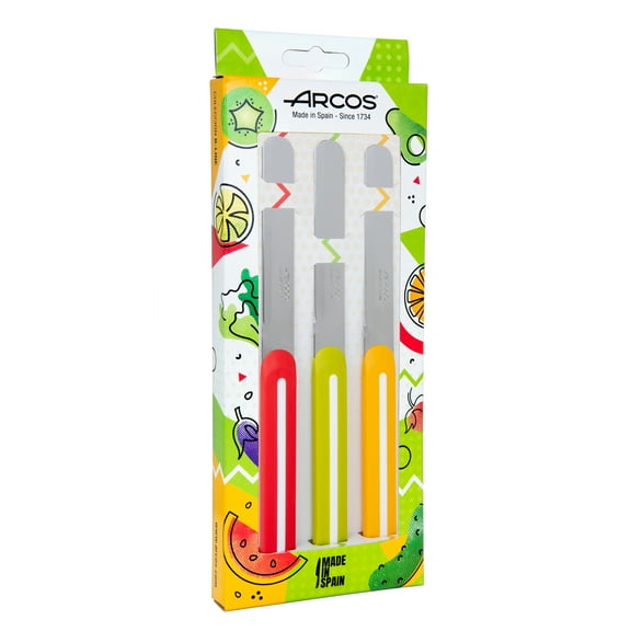 ARCOS Paring Knife Set of 3 Pieces 4 Inch Stainless Steel. Colorful Kitchen Knives for Peeling Fruits and Vegetables.