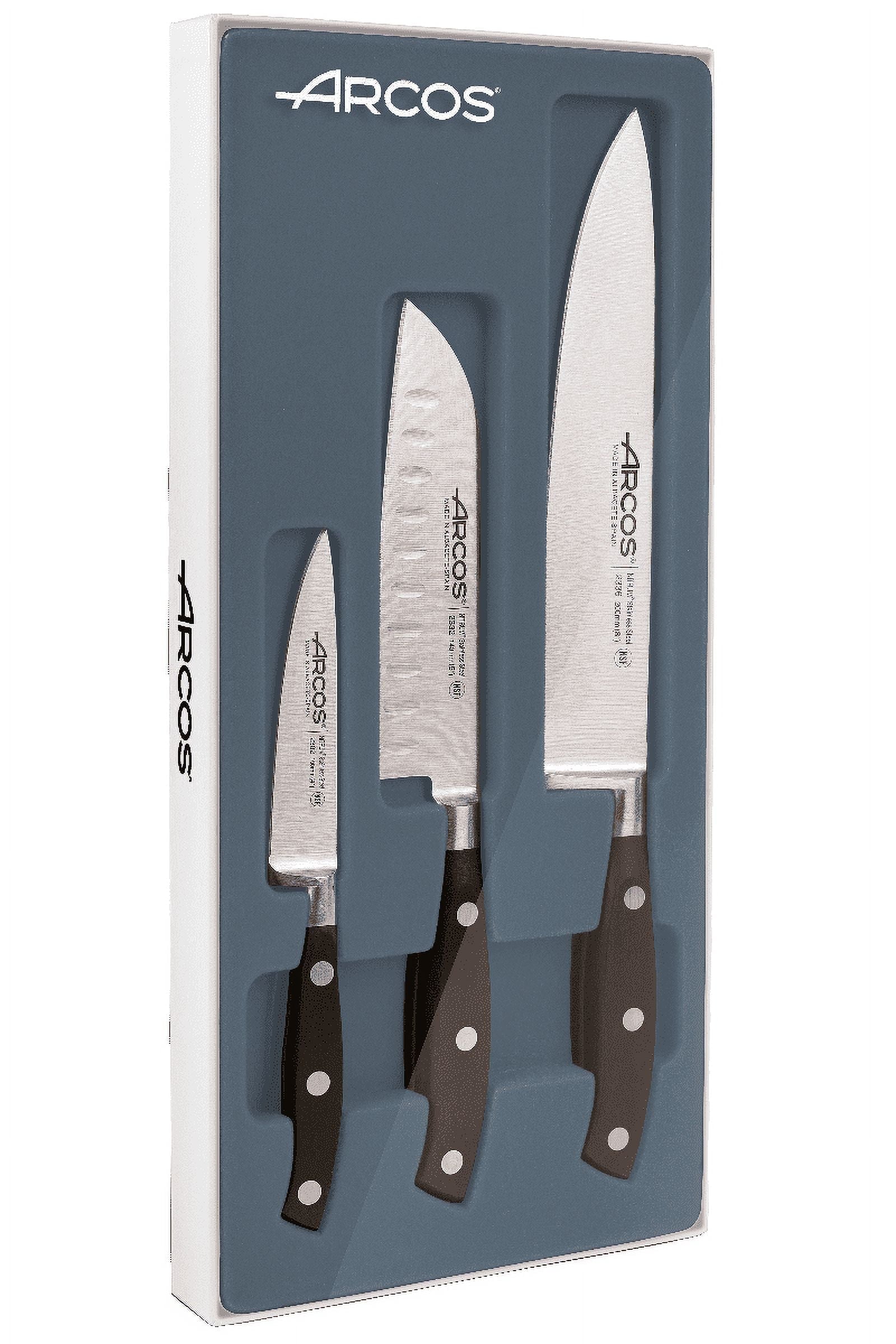 ARCOS Forged Knife Set 3 pieces Nitrum Stainless Steel and mm blade. 729 gr. Small and lightweight. Ergonomic Polyoxymethylene POM Handle. Series Rivi : ARCOS 3-Piece Knife Set in Stainless Steel. 2 Chef