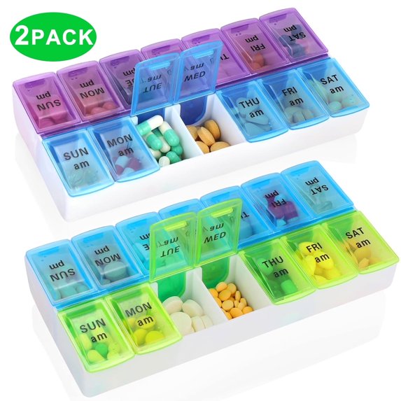 ARCTICICE 2-Pack Pill Box 7 Day Pill Organizer 2 Times a Day Large Pill Travel Case, 14 Individual Compartmented Pill Box with Braille Printed