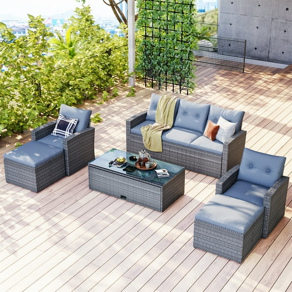 ARCTICSCORPION 6-Piece All-Weather Wicker PE Rattan Patio Outdoor Dining Conversation Sectional Set with Coffee Table, Wicker Sofas with Ottomans and Removable Cushions, Gray