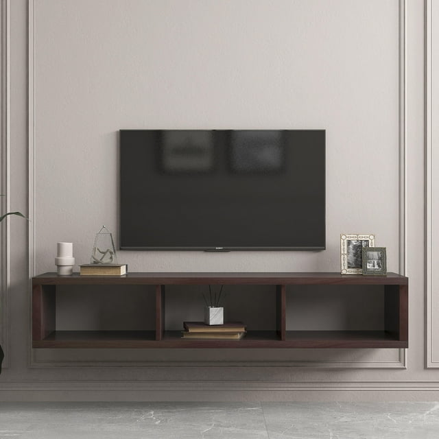 ARCTICSCORPION 60" Shallow Floating TV Console, Wall Mounted Media Console with Power Outlet, TV Stand with 3 Open Compartments, Modern TV Cabinet, Entertainment Storage Shelf for Living Room, Walnut
