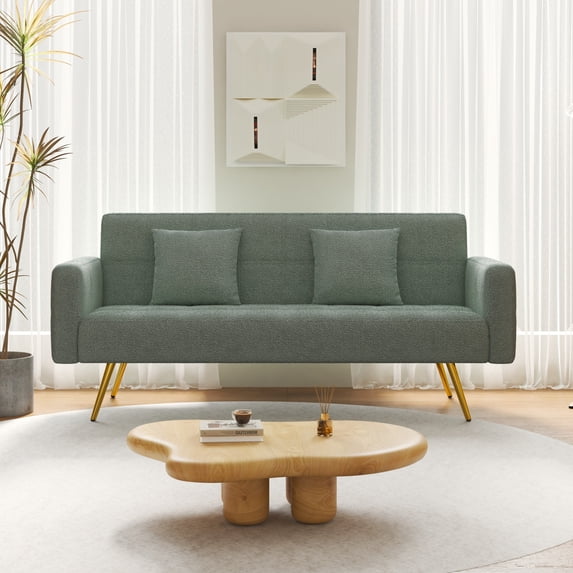 ARCTICSCORPION 71.7 inch Teddy Fleece Loveseat, Modern 2 Seat Sofa Couch with Two Throw Pillows and Gold Metal Leg, Green