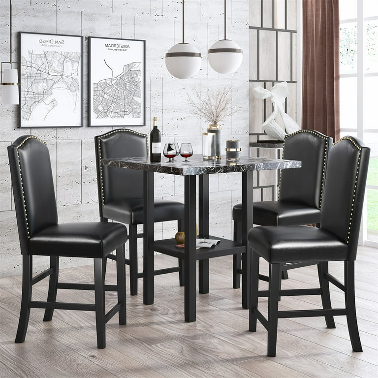 ARCTICSCORPION Dining Table Set for 4 5 Piece Dining Set Marble Table with Bottom Shelf and Matching 4 PU Leather Chairs with Nailed Trim Small Space