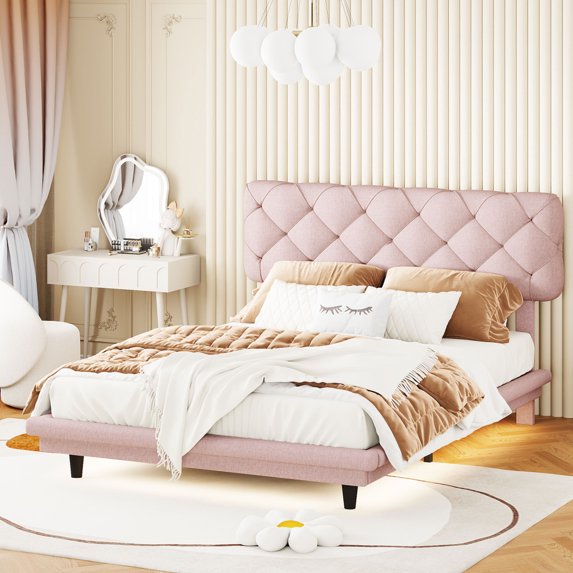 ARCTICSCORPION Full Size Linen Fabric Floating Platform Bed, Upholstered Bed Frame with Light Stripe, No Box Spring Required 80.3"L x 65.4"W x 37.8"H(39.8"H), Pink