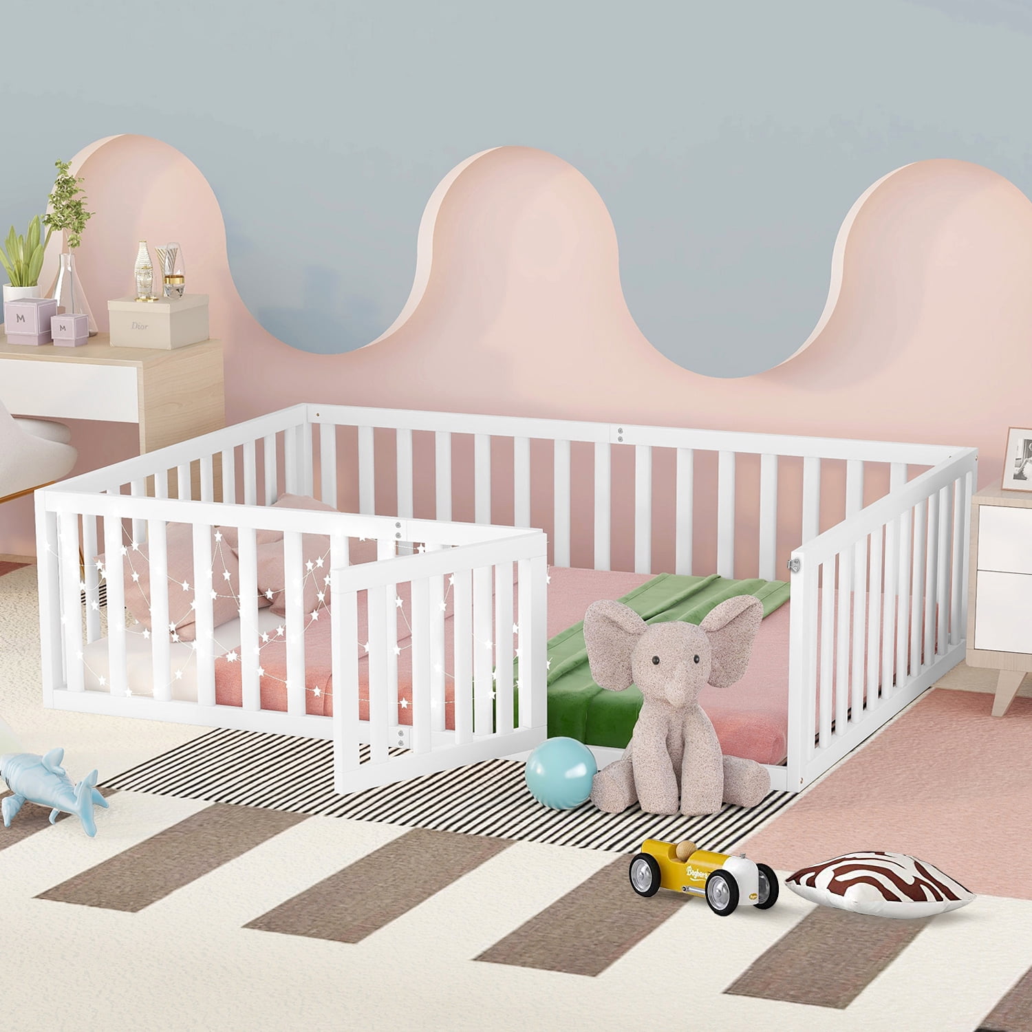 ARCTICSCORPION Kids Floor Bed with Fence and Door 21.6” Standard Frame, Full Size