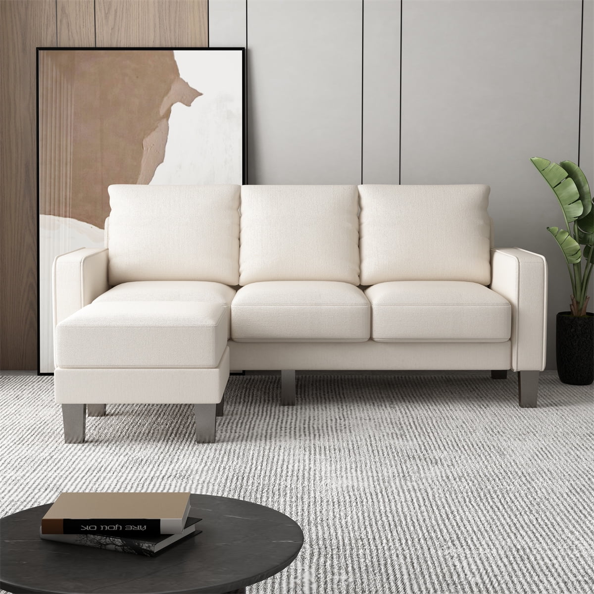 ARCTICSCORPION Living Room Sectional Sofa with Ottoman L Shape Sofa with Thick Back and Square Armrest Fabric Upholstered Couch for Small Space