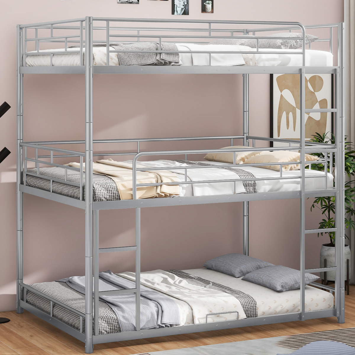 ARCTICSCORPION Metal Full Size Low Triple Bunk Bed, Steel Triple Bunk
