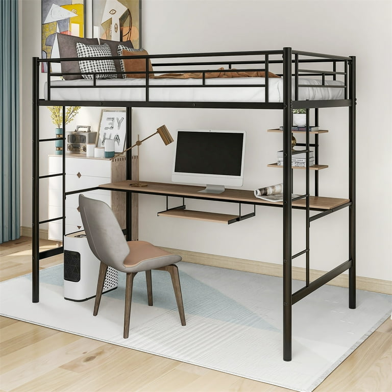 Gray metal loft bed with desk deals