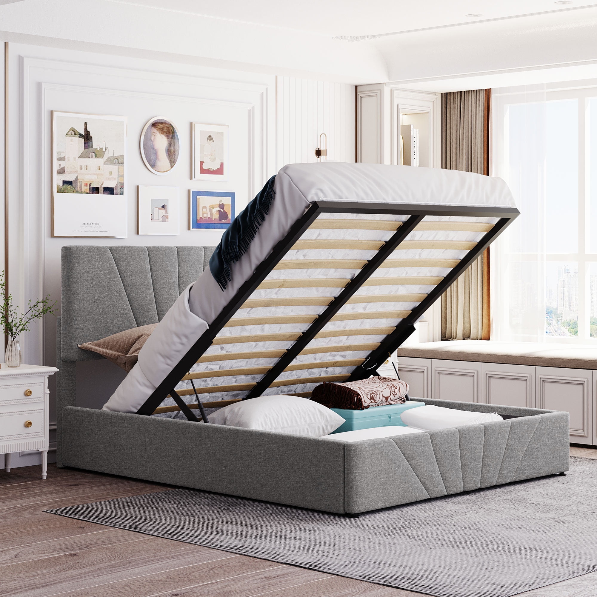 ARCTICSCORPION Platform Bed Frame with Storage Underneath Queen Size Lift Up Storage Bed with Tufted Headboard Gas Lift Storage Bed Upholstered Platform Bed with Hydraulic Storage System Gray Walmart....