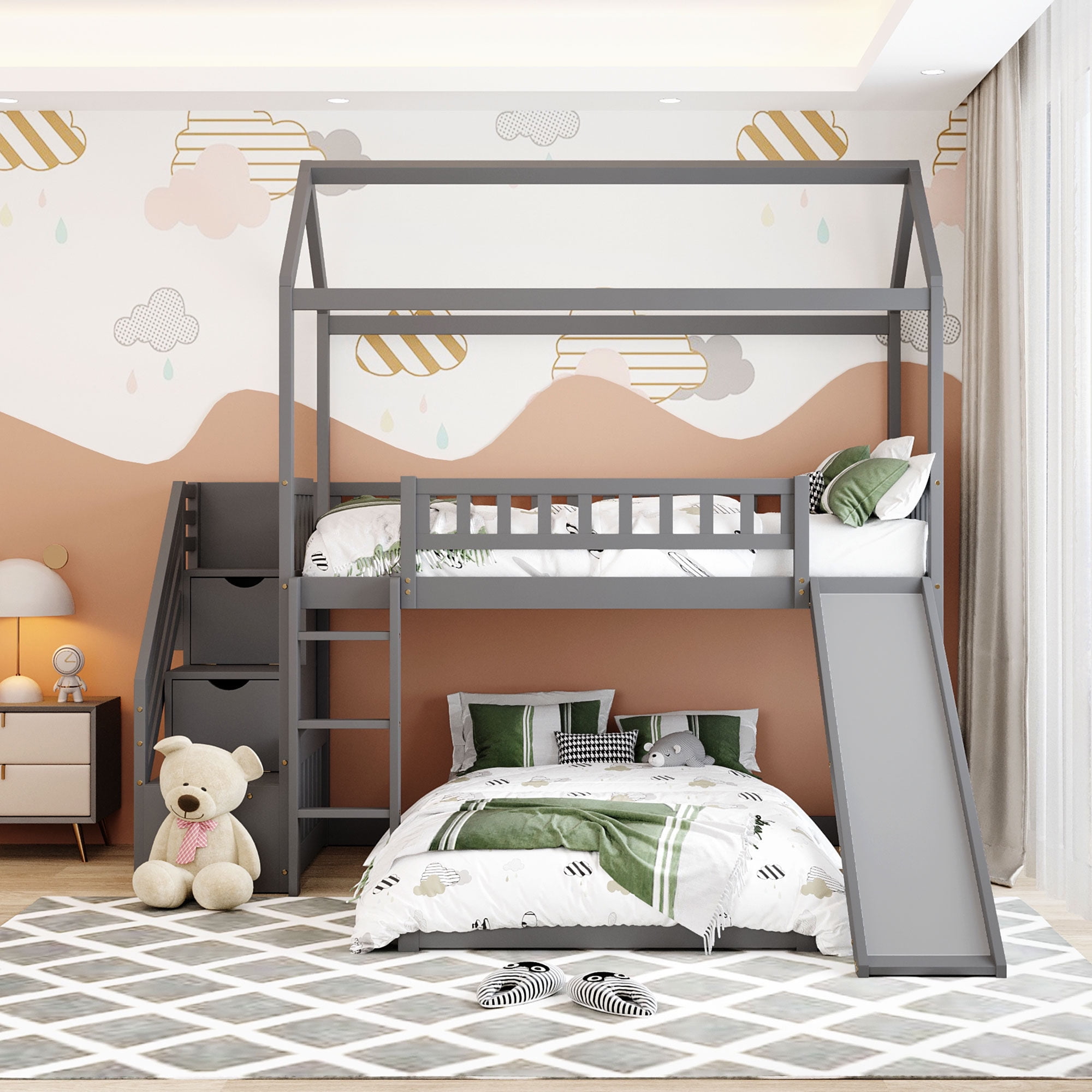 ARCTICSCORPION Twin Over Twin Bunk Bed with Convertible Slide and ...