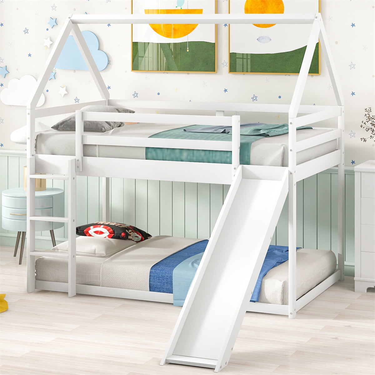 ARCTICSCORPION Twin Over Twin House Bunk Bed with Convertible Slide and ...