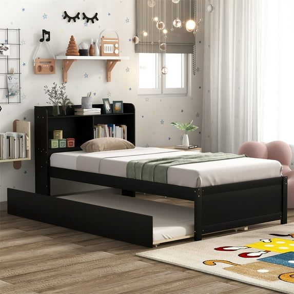 ARCTICSCORPION Twin Platform Bed with Trundle and Bookcase Headboard, Espresso