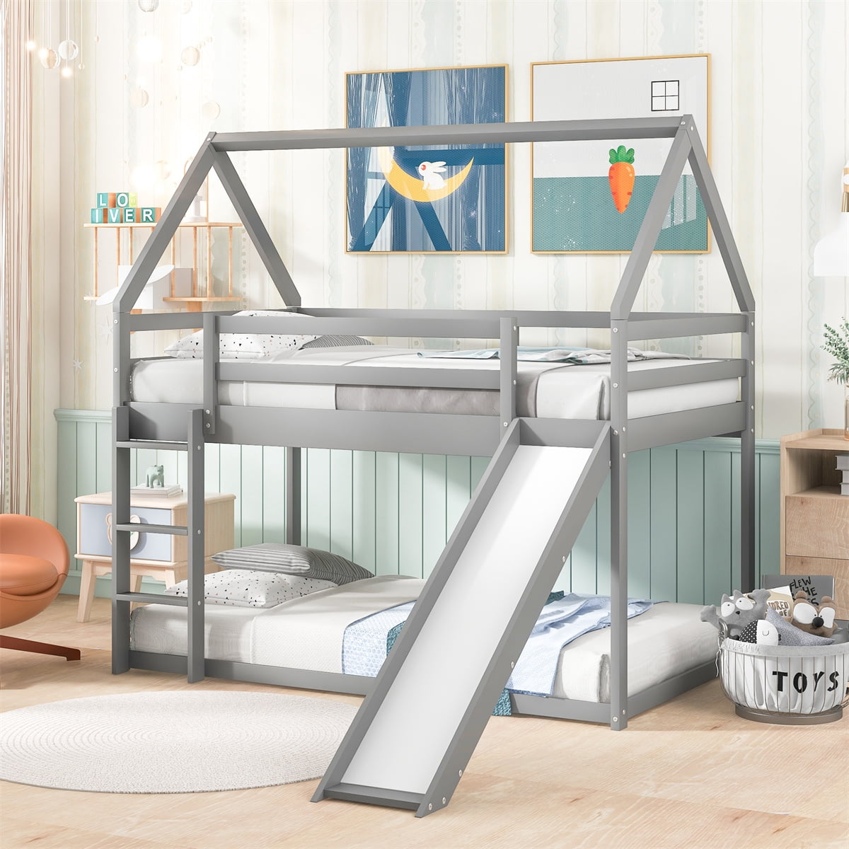 ARCTICSCORPION Twin Size House Bunk Bed with Convertible Slide and ...