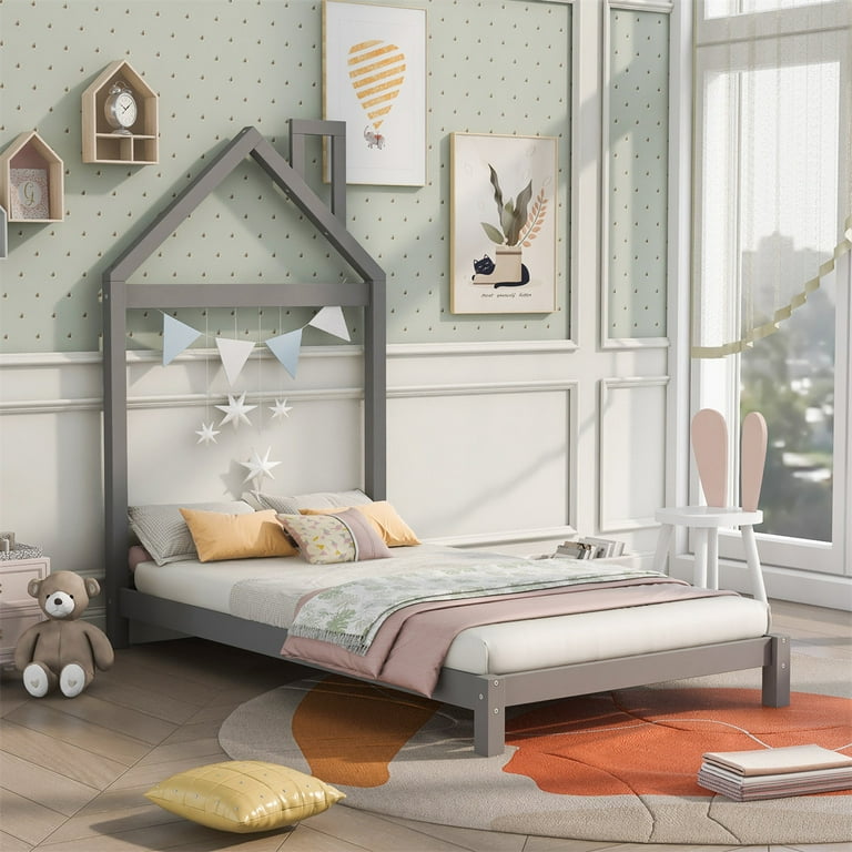 ARCTICSCORPION Twin Size Platform Bed with House Shape Headboard and Chimny Design Low Profile Twin Size Bed Frame with Solid Wood Slats Support for